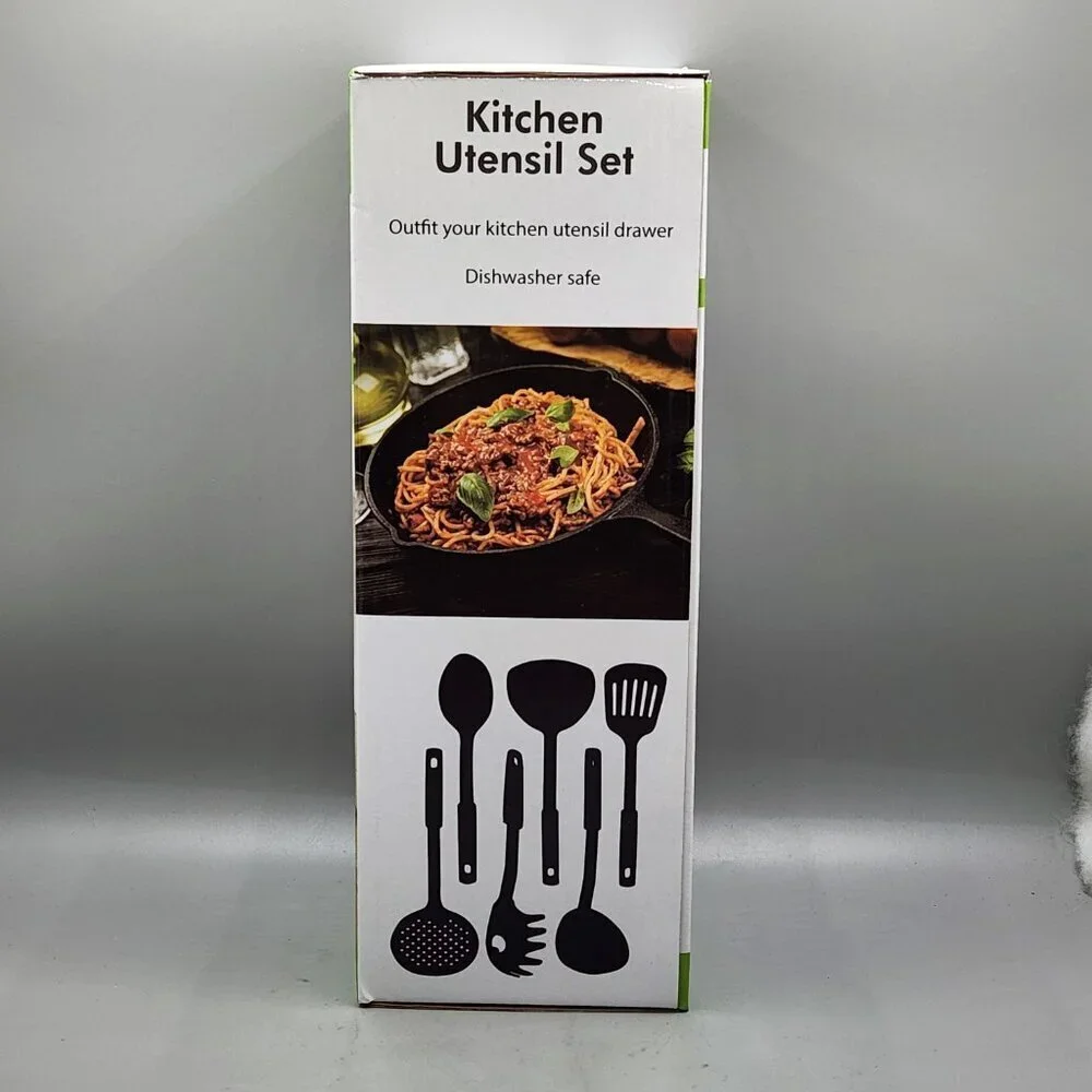 New 6 Piece Kitchen Utensil Set Plastic Nylon Non Scratch Cooking Black